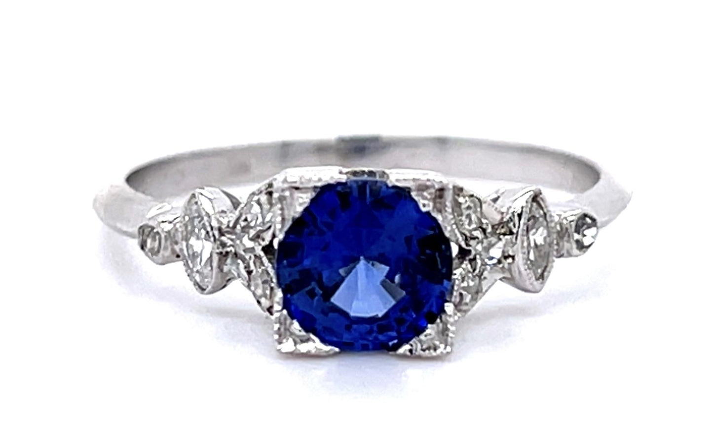 Art Deco .96ct Sapphire .28ct Diamond PT Ring (Antique 1920s) 3.48g 7.50 Size