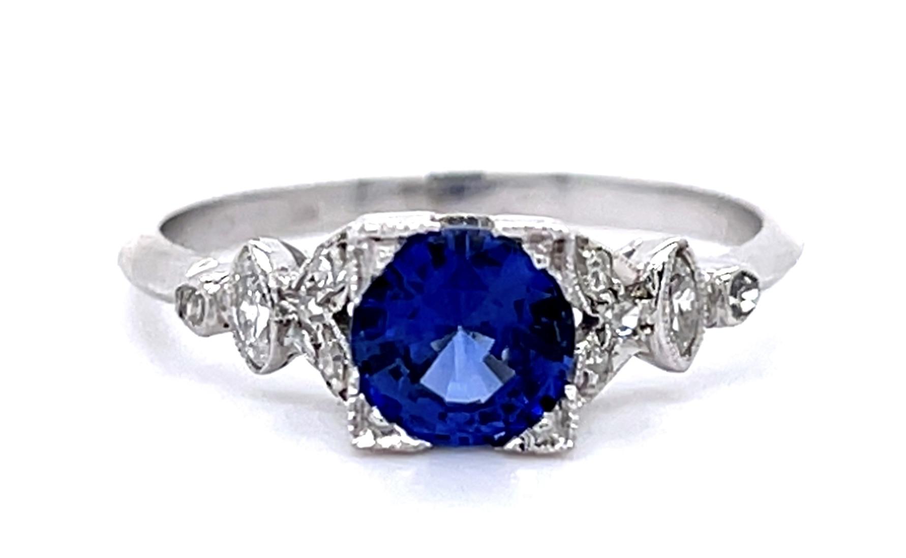 Art Deco .96ct Sapphire .28ct Diamond PT Ring (Antique 1920s) 3.48g 7.50 Size
