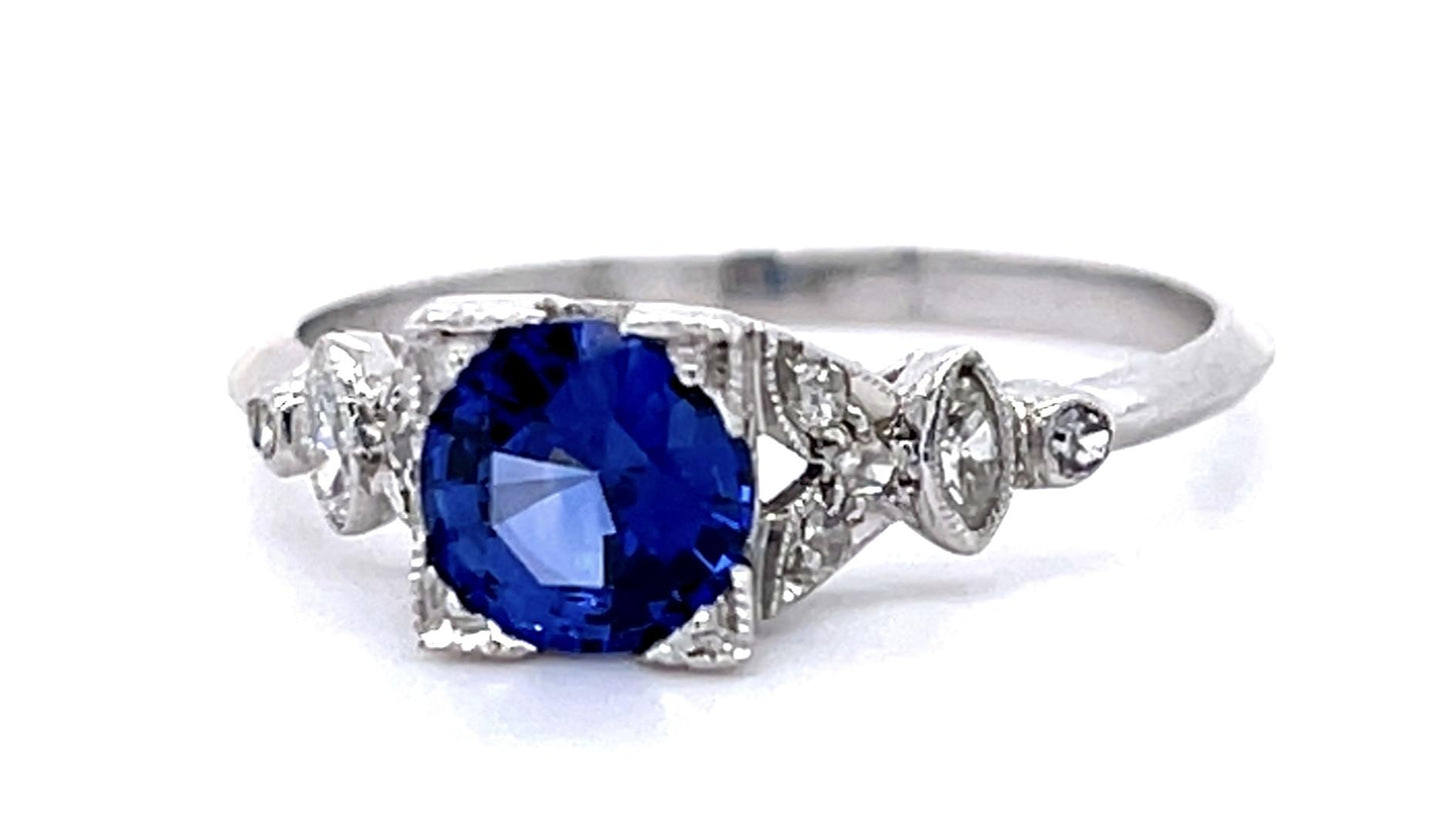 Art Deco .96ct Sapphire .28ct Diamond PT Ring (Antique 1920s) 3.48g 7.50 Size