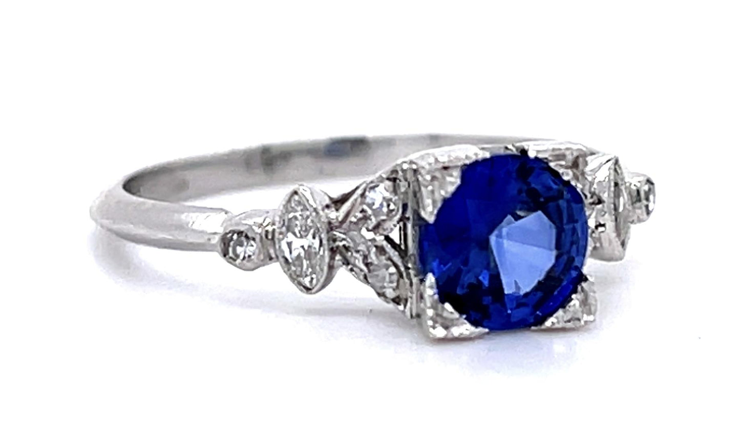Art Deco .96ct Sapphire .28ct Diamond PT Ring (Antique 1920s) 3.48g 7.50 Size