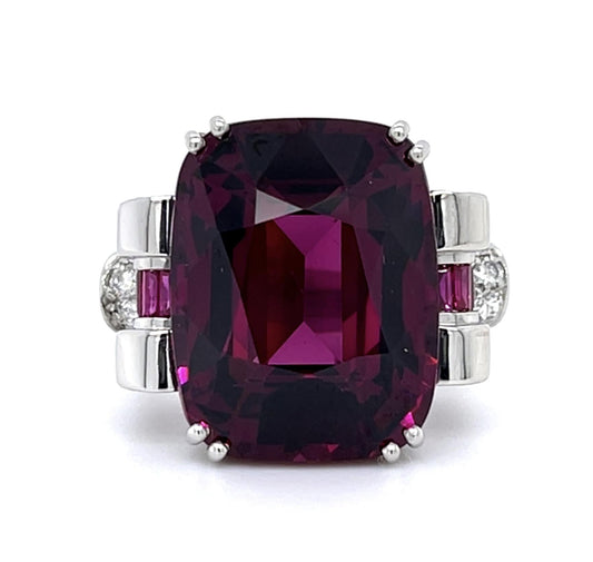 Retro 20.52ct Rhodolite Garnet .68ct Ruby PT Ring (Vintage 1940s) .24ct Diamond