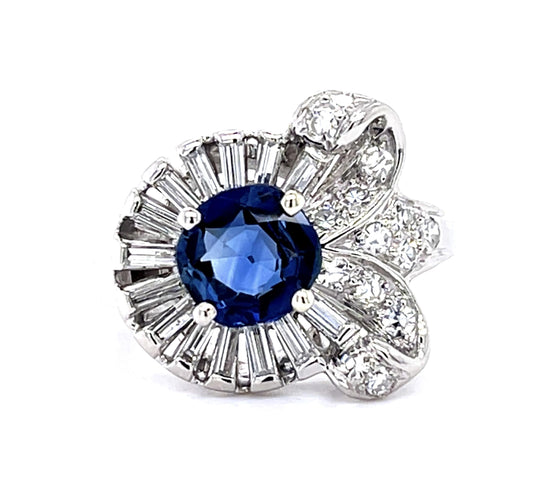 Retro 1.35ct Sapphire 1.10ct Diamond PT Ring (Vintage 1940s)