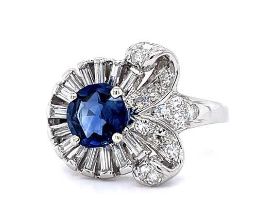Retro 1.35ct Sapphire 1.10ct Diamond PT Ring (Vintage 1940s)
