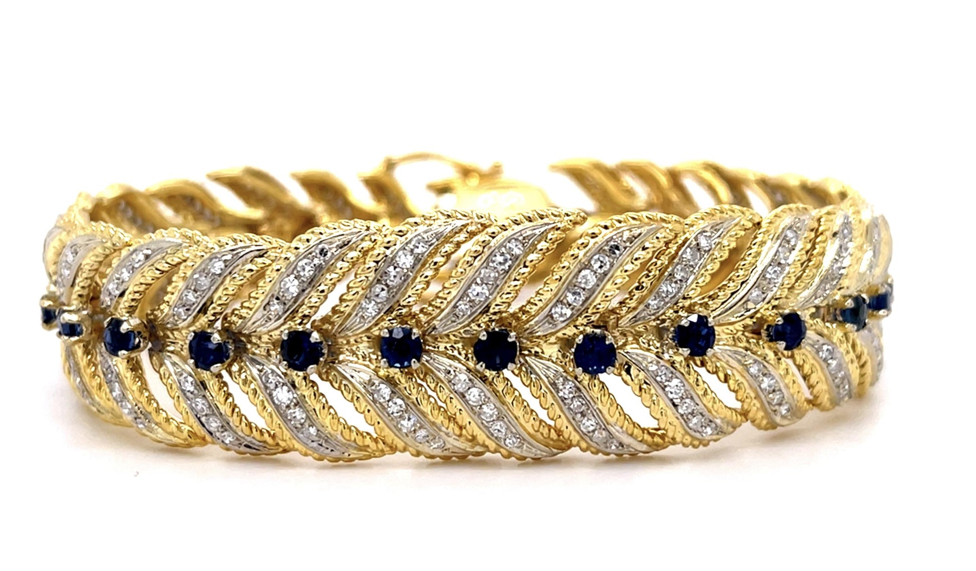 2.50ct Sapphire 3ct (224 Diamonds) 18KY Bracelet (Vintage 1960s) 47.20g 7"