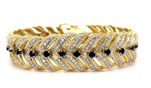 2.50ct Sapphire 3ct (224 Diamonds) 18KY Bracelet (Vintage 1960s) 47.20g 7"