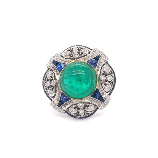 5.30ct Colombian Eme .61ct Dia+2ct Saph PT Handmade Ring 12.32g GIA