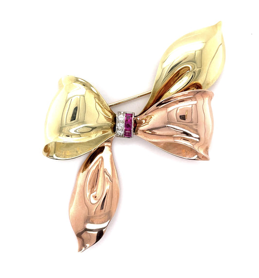 Retro 14KY & Green Gold Bow Brooch
