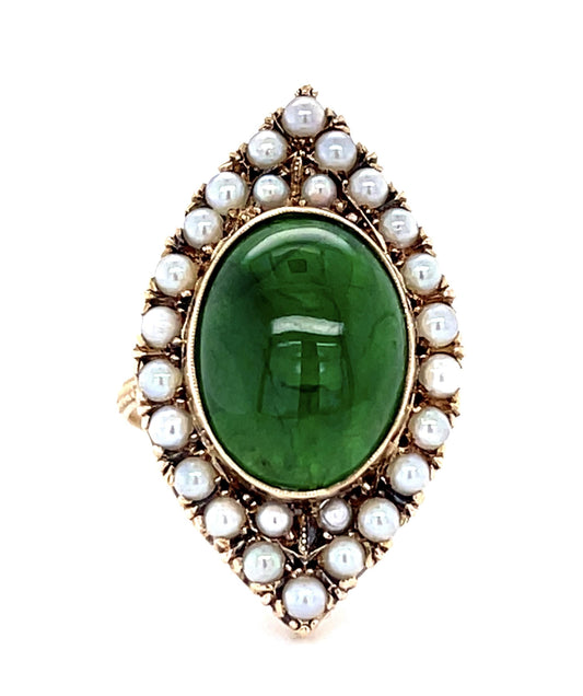 Victorian 5.50ct Jade 14KY Yellow Gold Ring (Antique 1890s) 4.70g Seed Pearl
