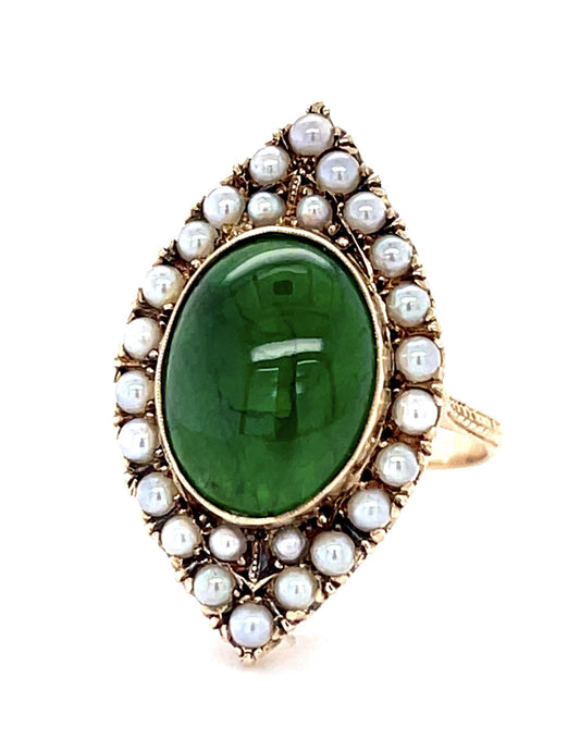 Victorian 5.50ct Jade 14KY Yellow Gold Ring (Antique 1890s) 4.70g Seed Pearl