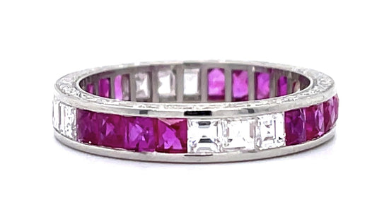 1.2ct French-cut Ruby 1.08ct Carre Diamond PT Eternity Band