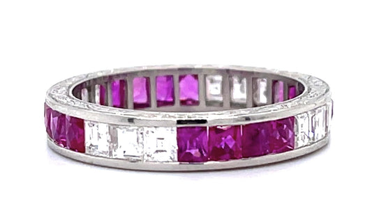 1.2ct French-cut Ruby 1.08ct Carre Diamond PT Eternity Band