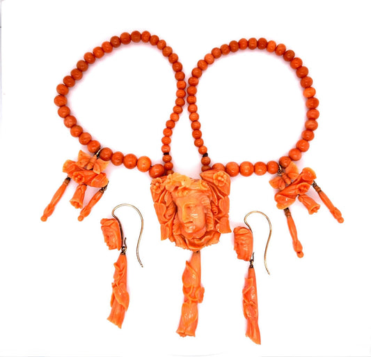 Victorian 14KY Carved Coral Necklace Earrings Set (Antique 1860s)