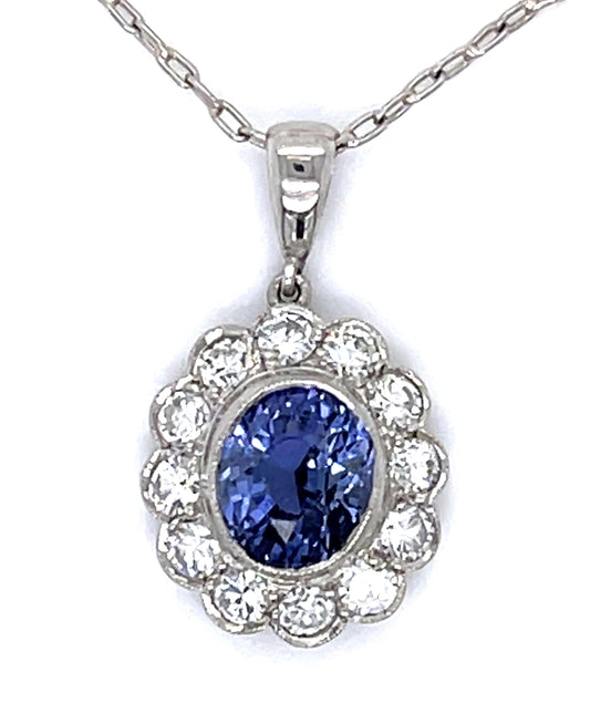 2.25ct Sapphire .69ct Diamond PT Handmade Pendant 4.26g 18" Chain