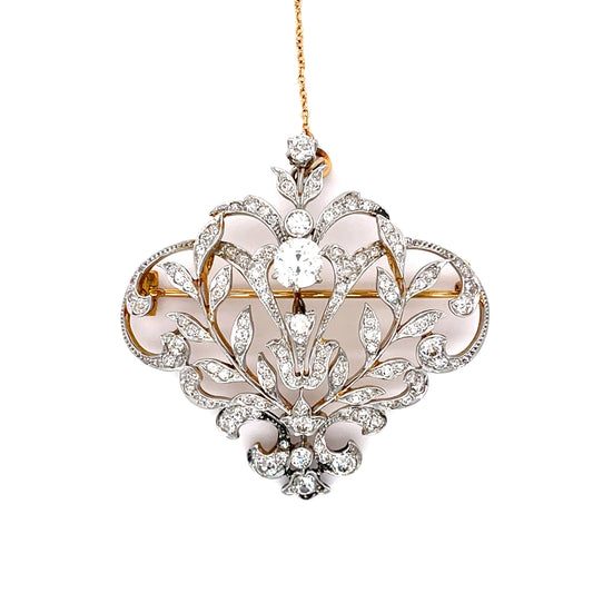 Original Edwardian .85ct Old Mine Center Diamond PT+18KY Brooch (Antique 1900s)
