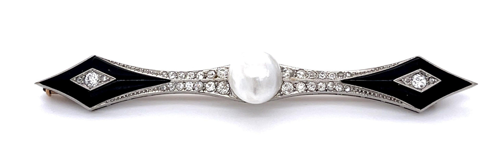 Art Deco 1ct Diamond 9.10mm Natural Pearl Onyx Platinum Brooch (Antique 1920s)