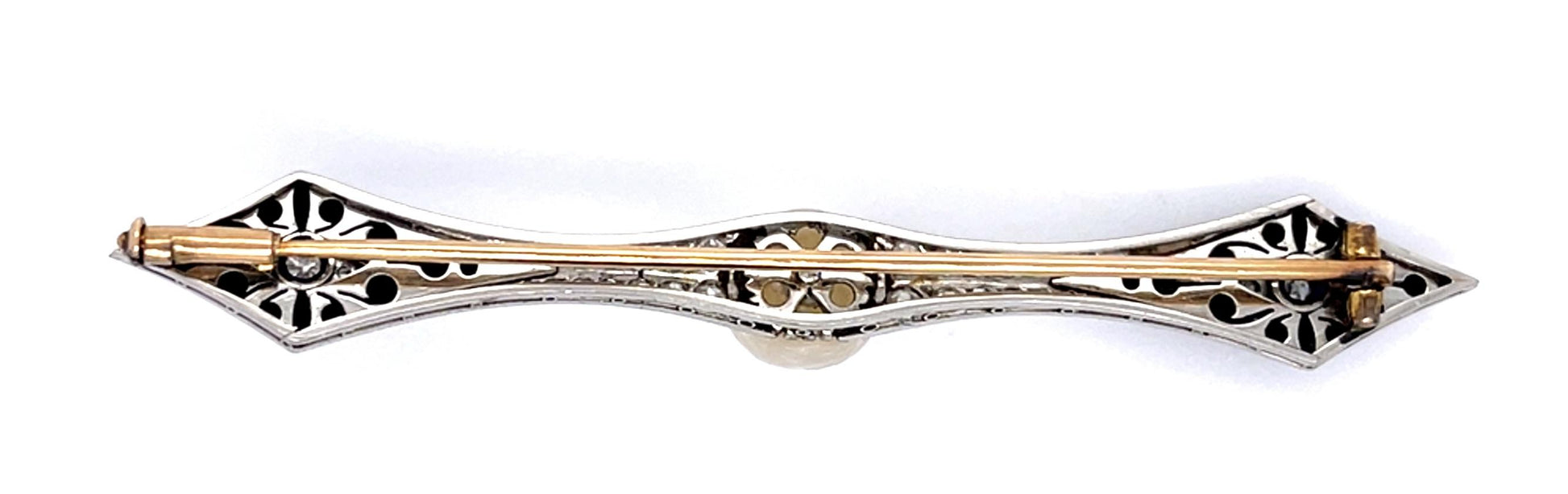 Art Deco 1ct Diamond 9.10mm Natural Pearl Onyx Platinum Brooch (Antique 1920s)