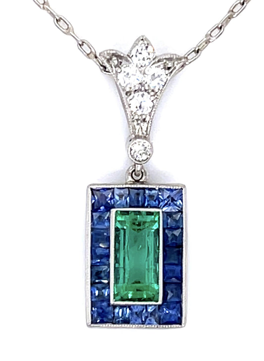 .88ct Emerald 1.19ct Sapphire Platinum Handmade Pendant .17ct Dia