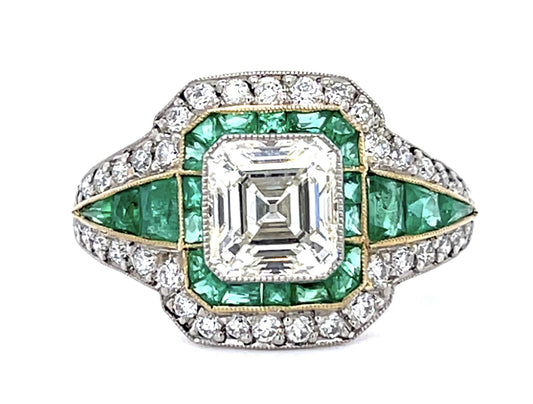 1.75ct Ascher Diamond 1.40ct Emerald Platinum Handmade Ring .68ct SD