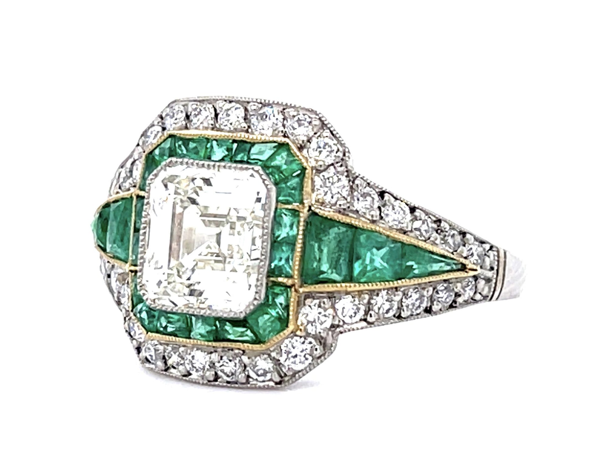 1.75ct Ascher Diamond 1.40ct Emerald Platinum Handmade Ring .68ct SD