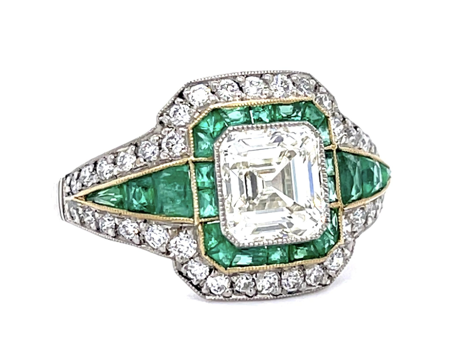 1.75ct Ascher Diamond 1.40ct Emerald Platinum Handmade Ring .68ct SD