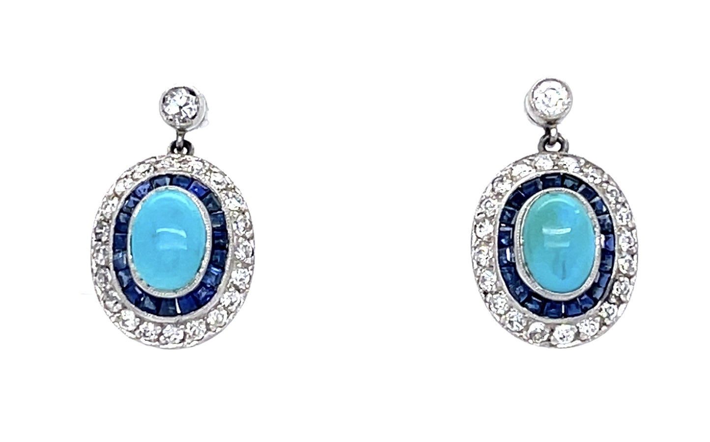 Turquoise .70ct Diamond 1ct Sapphire Platinum Handmade Earrings 6g .75"