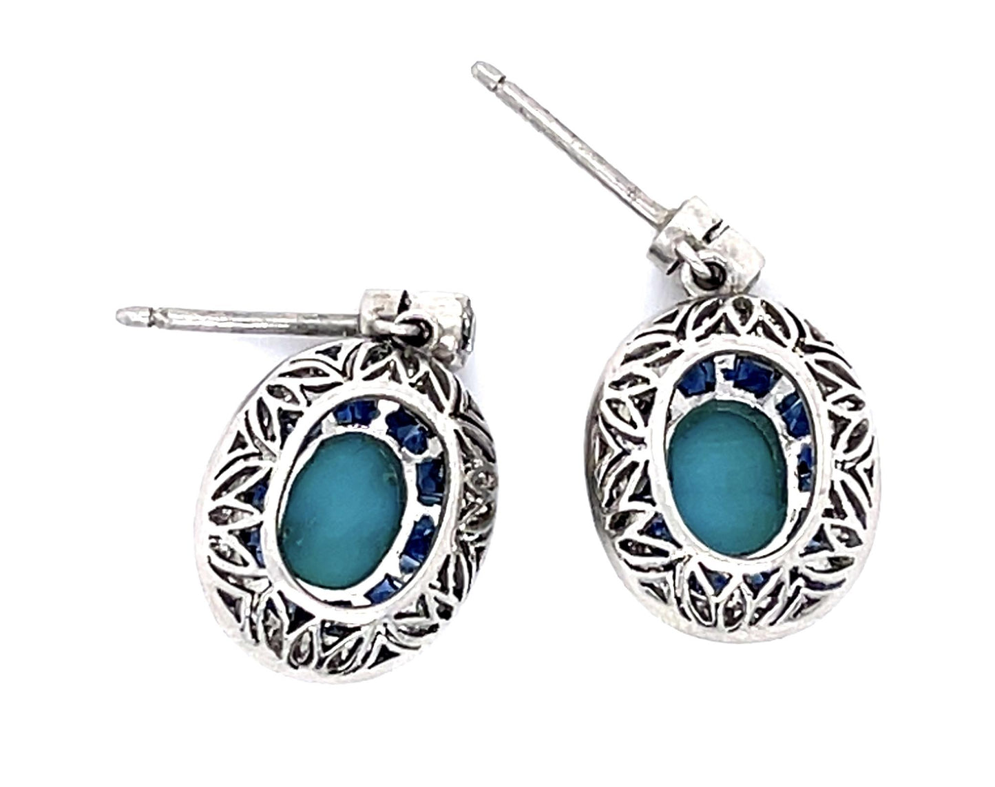 Turquoise .70ct Diamond 1ct Sapphire Platinum Handmade Earrings 6g .75"