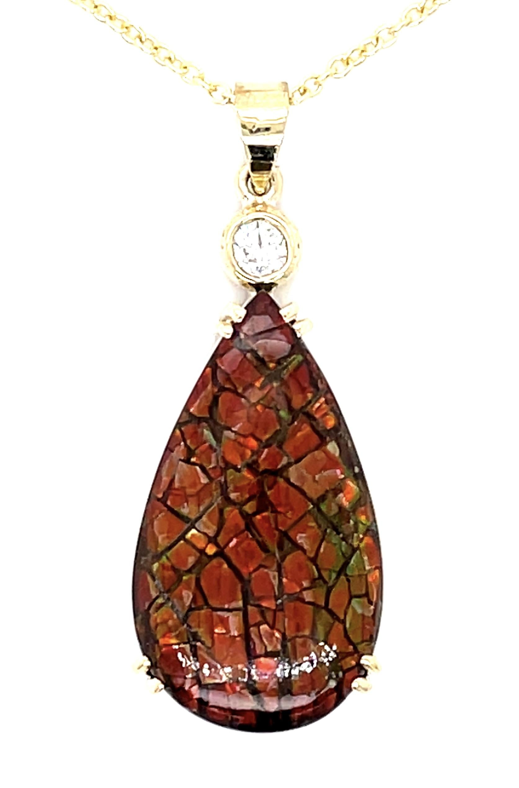 12.50ct Ammolite .14ct Diamond 12KY Pendant 6.50g 16" 14KY Chain