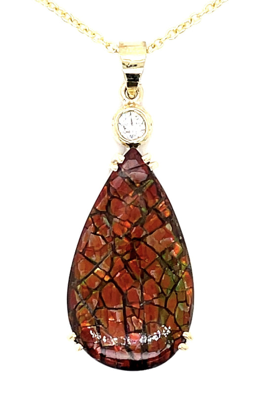 12.50ct Ammolite .14ct Diamond 12KY Pendant 6.50g 16" 14KY Chain