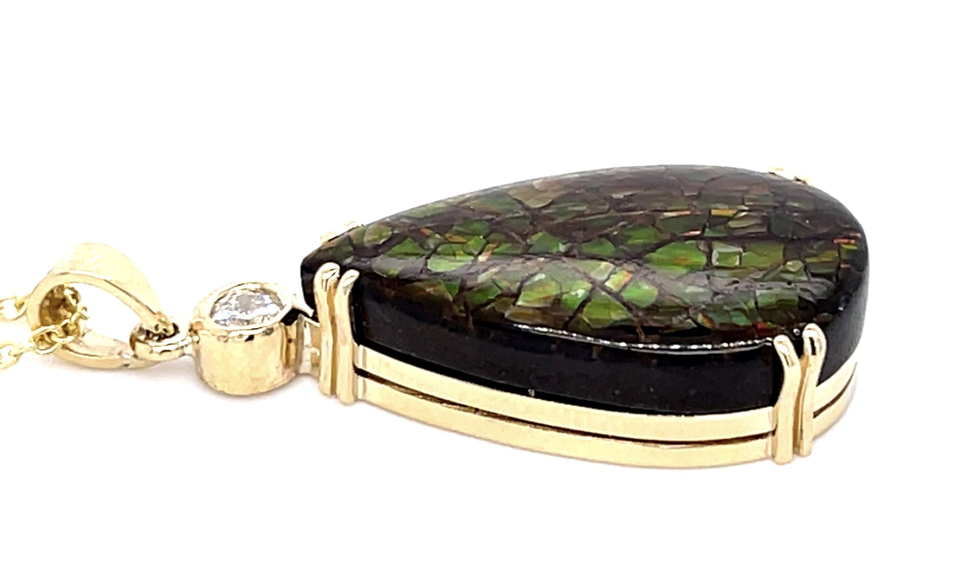 12.50ct Ammolite .14ct Diamond 12KY Pendant 6.50g 16" 14KY Chain
