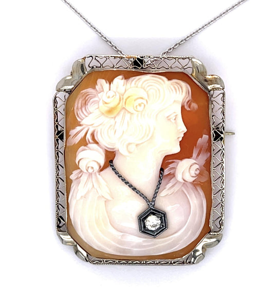 Art Deco .12ct Old Euro Diamond Carved Cameo 14KW Pendant (Antique 1920s) 9.77g