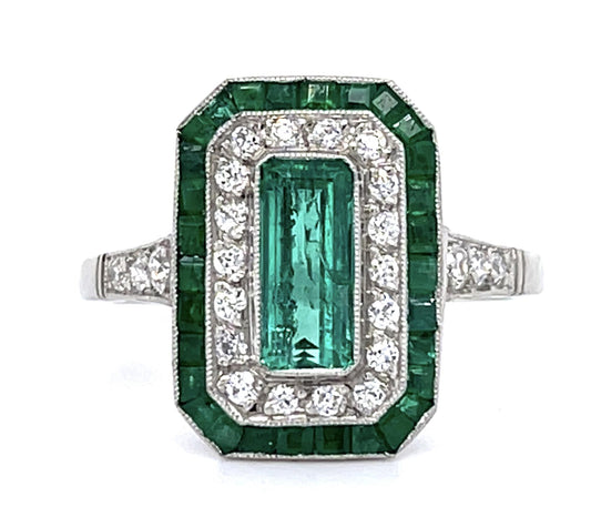.85ct Colombian Emerald (No Cert) .28ct Diamond PT Handmade Ring .81ct Side Eme