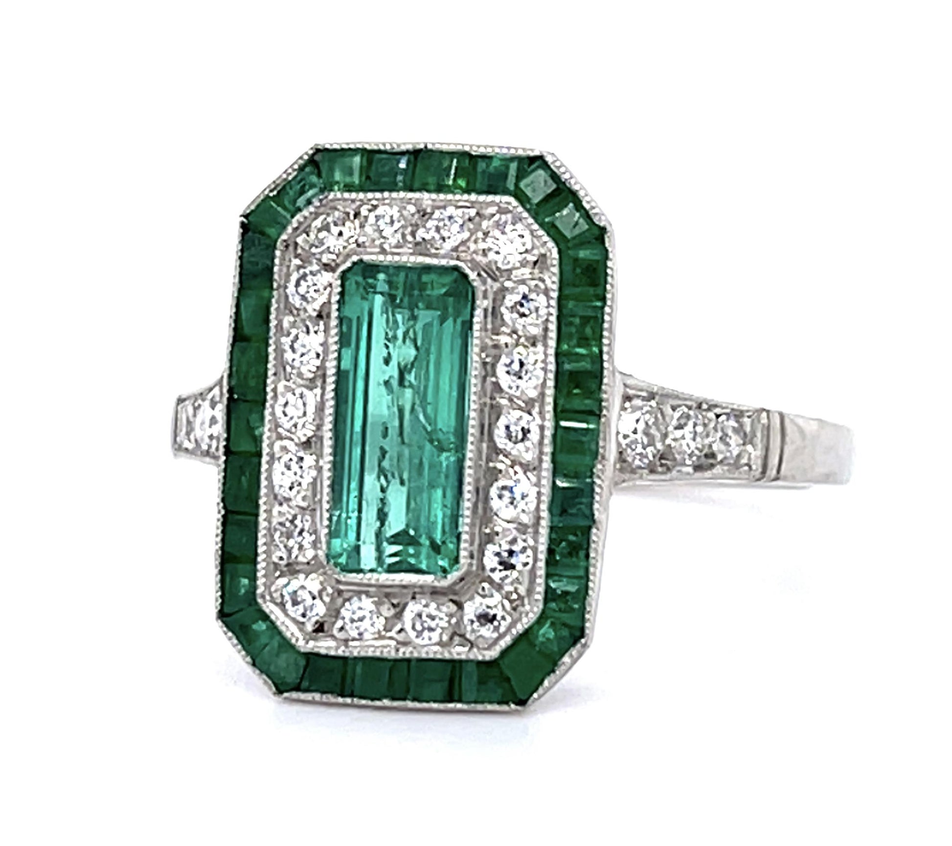 .85ct Colombian Emerald (No Cert) .28ct Diamond PT Handmade Ring .81ct Side Eme