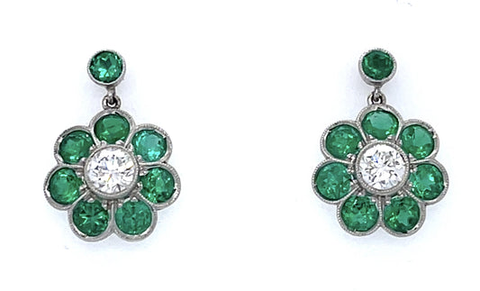 2.08ct Colombian Emerald (No Cert) .68ct (2 Diamonds) PT Handmade Earrings