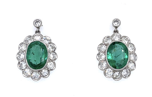 2.91ct Zambian Emerald (No Cert) 1.58ct Diamond PT Handmade Earrings