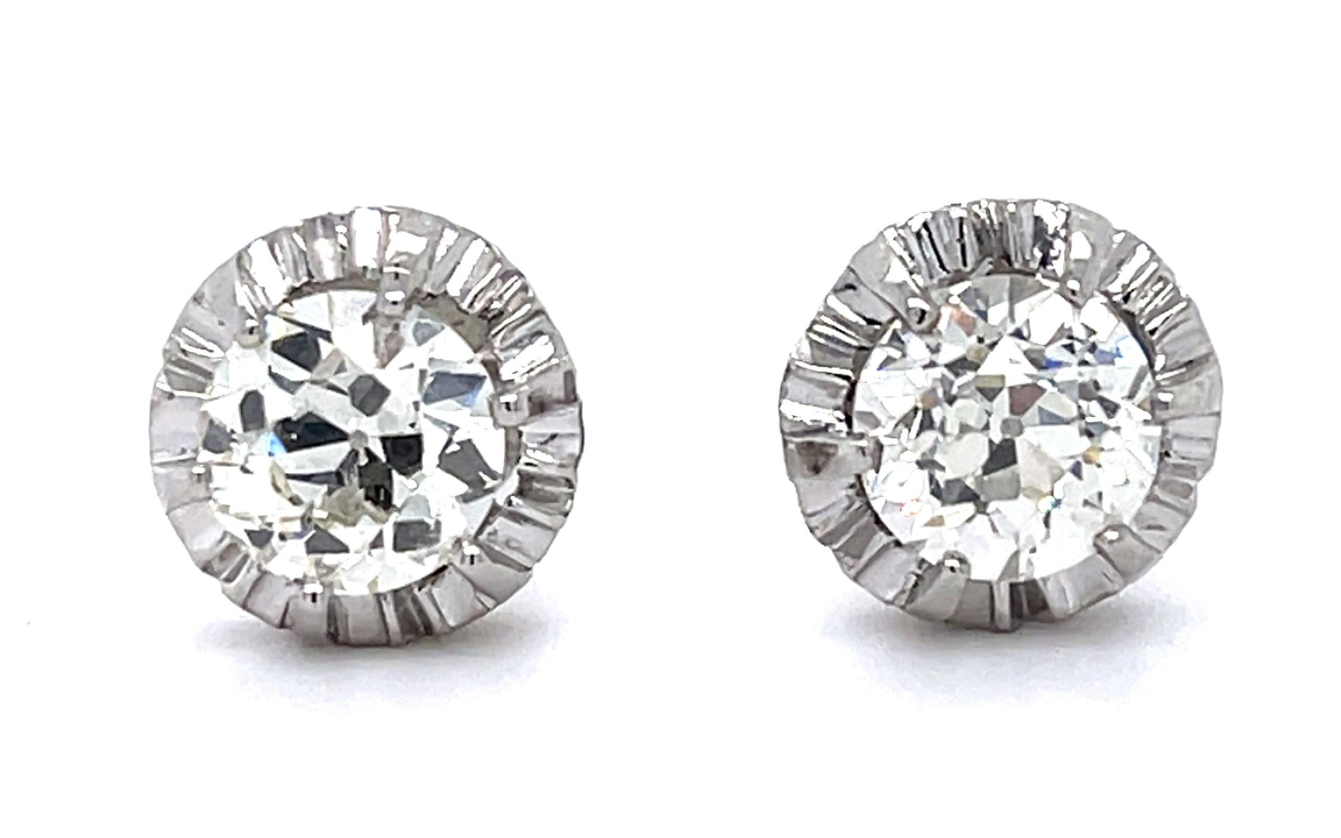 Art Deco 1.15ct+1.01ct Old Euro Dia PT Stud Earrings (Vintage 1930s) 4.15g