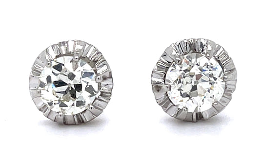 Art Deco 1.15ct+1.01ct Old Euro Dia PT Stud Earrings (Vintage 1930s) 4.15g
