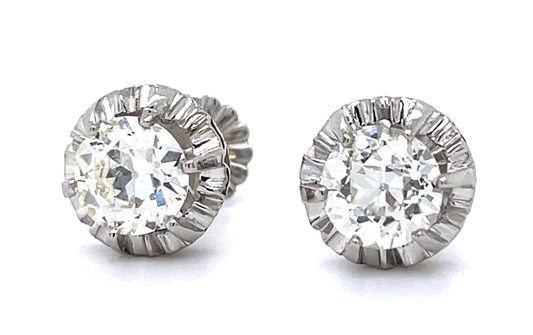 Art Deco 1.15ct+1.01ct Old Euro Dia PT Stud Earrings (Vintage 1930s) 4.15g