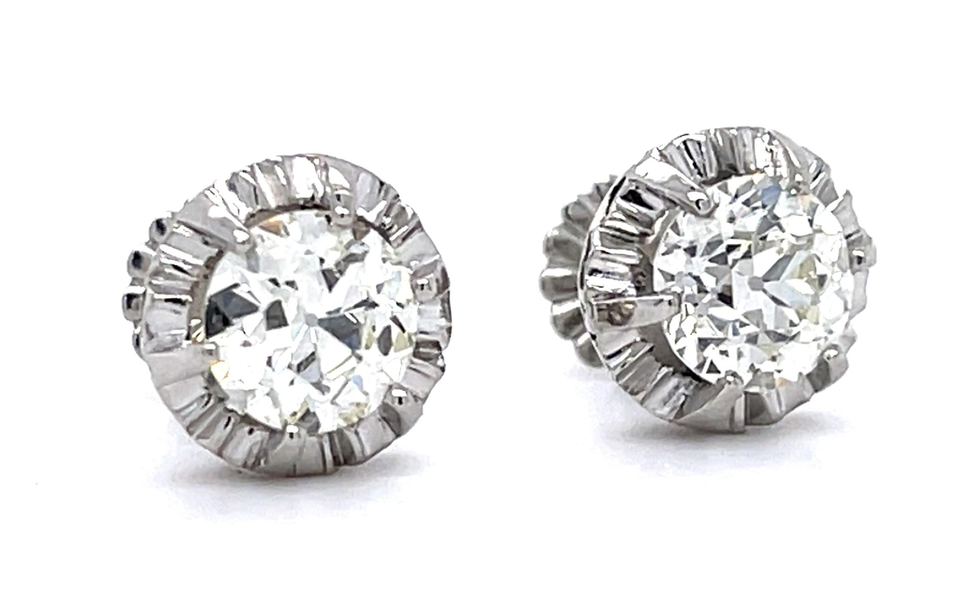 Art Deco 1.15ct+1.01ct Old Euro Dia PT Stud Earrings (Vintage 1930s) 4.15g