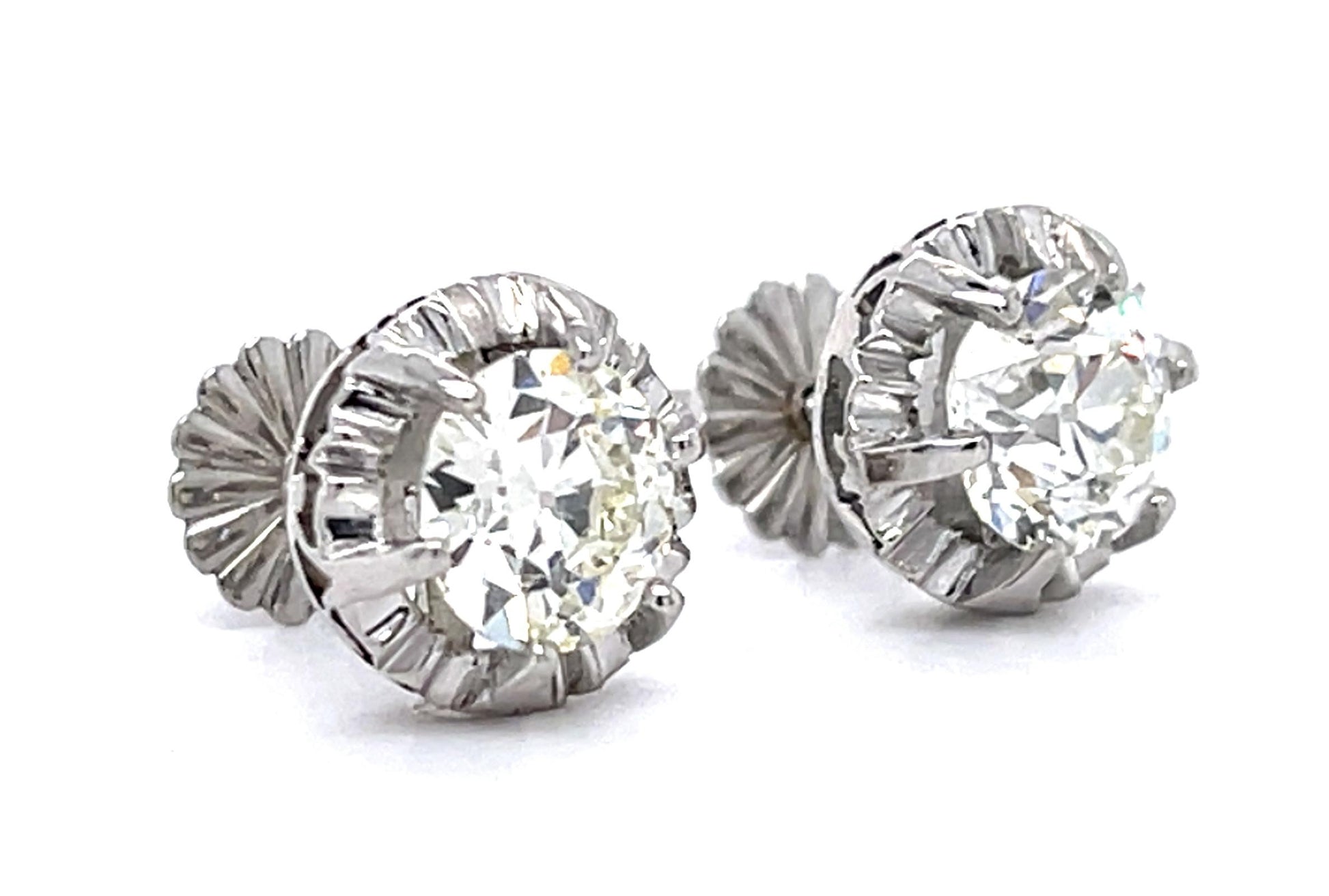 Art Deco 1.15ct+1.01ct Old Euro Dia PT Stud Earrings (Vintage 1930s) 4.15g