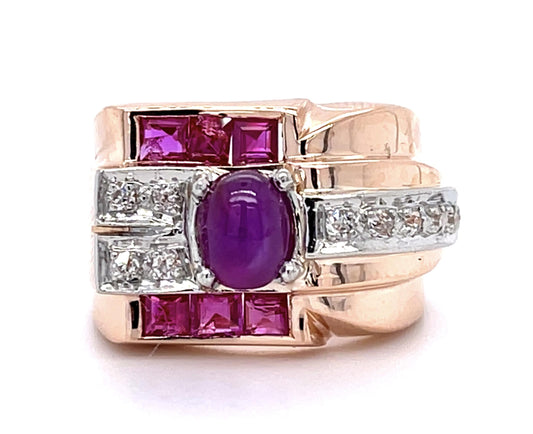 Retro .85ct Center Ruby .25ct Diamond 14K Rose Gold Ring (Vintage 1940s)