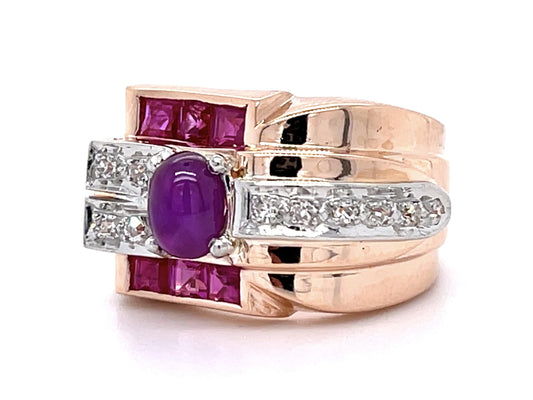 Retro .85ct Center Ruby .25ct Diamond 14K Rose Gold Ring (Vintage 1940s)
