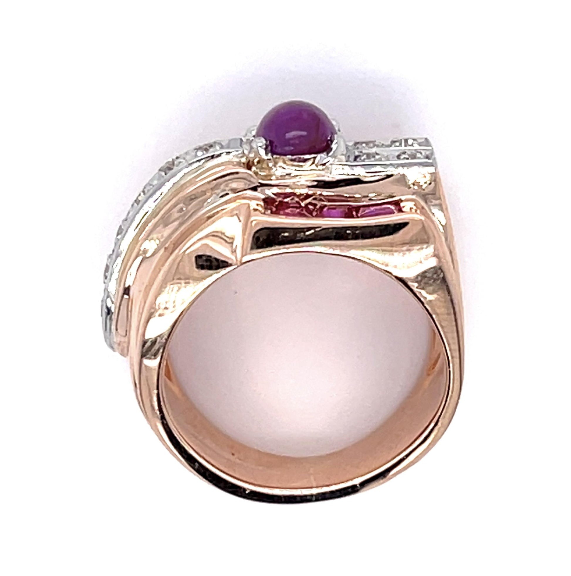 Retro .85ct Center Ruby .25ct Diamond 14K Rose Gold Ring (Vintage 1940s)