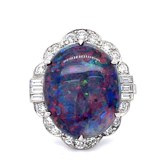 Flagstone Harlequin Australian Lightning Ridge Black Opal 7.35ct and Dia Ring