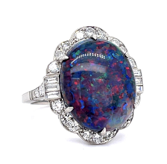 Flagstone Harlequin Australian Lightning Ridge Black Opal 7.35ct and Dia Ring