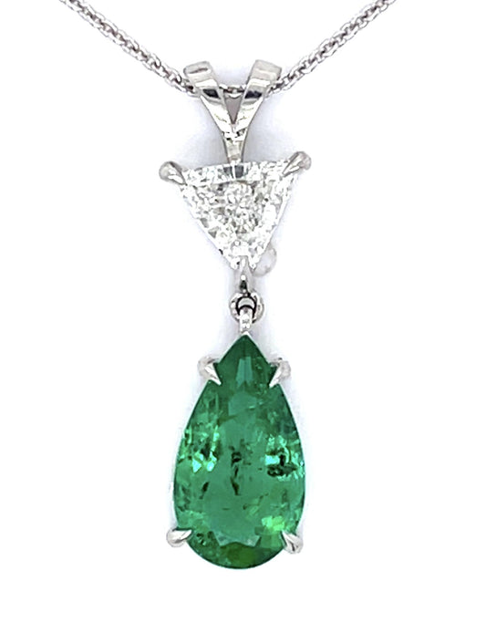 1.51ct Emerald .46ct Diamond PT Handmade Pendant 14KY Chain