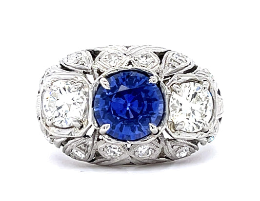 Art Deco 1.53ct Sapphire .87ct (2 Center Dia) PT Ring (Vintage 1930s) .24ct SD