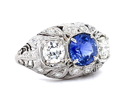 Art Deco 1.53ct Sapphire .87ct (2 Center Dia) PT Ring (Vintage 1930s) .24ct SD