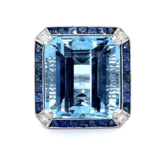 18.67ct Aquamarine 2.23ct Sapphire PT Handmade Ring .47ct Diamond