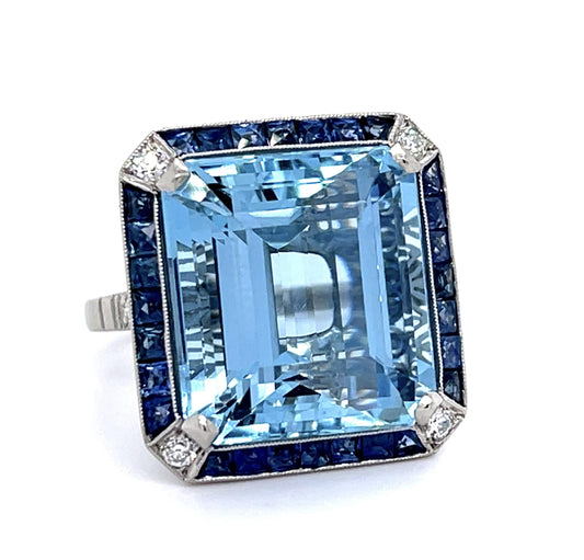 18.67ct Aquamarine 2.23ct Sapphire PT Handmade Ring .47ct Diamond
