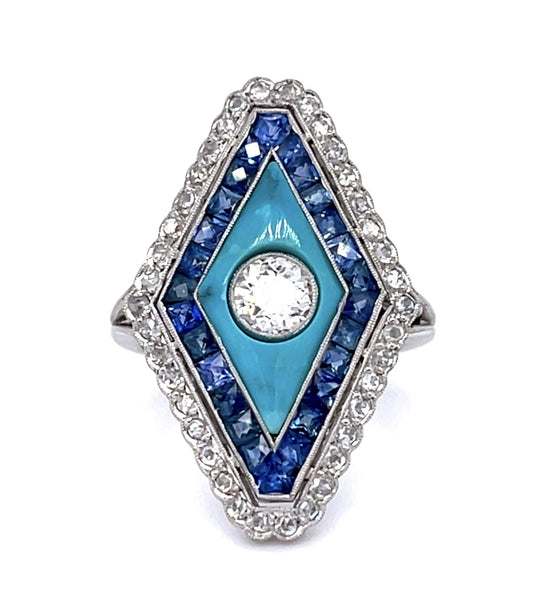 .44ct Old Euro Diamond 2.01ct Sapphire PT Handmade Ring .37ct SD Turquoise